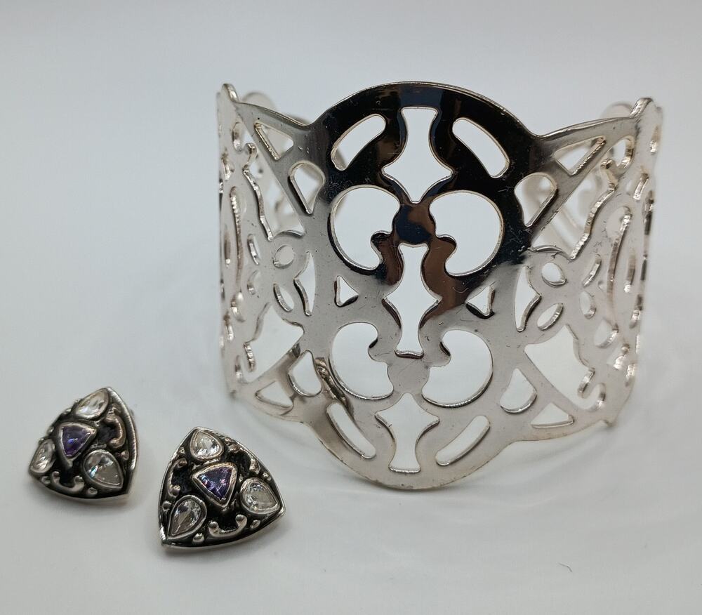 Silver Tone Cuff Bracelet & Silver Plated Earrings Jewelry Lot